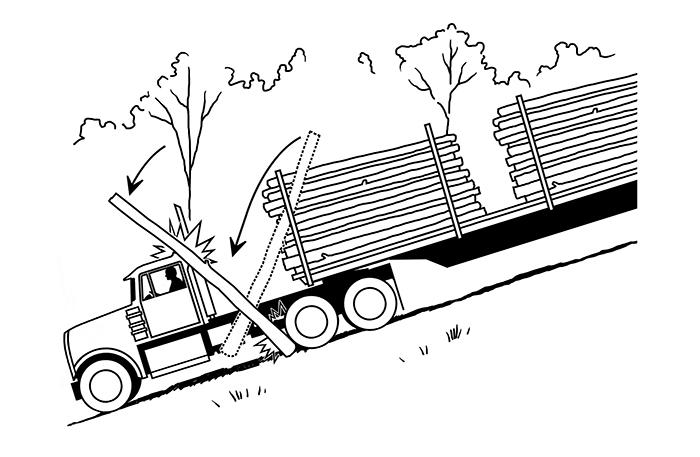 Unsecured Pulpwood Log Damages Truck Cab